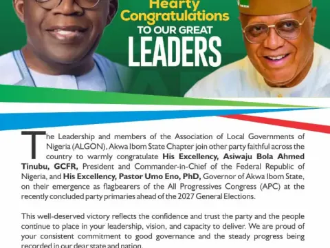 ALGON Akwa Ibom Chapter Congratulates Tinubu, Umo Eno on APC 2027 Ticket